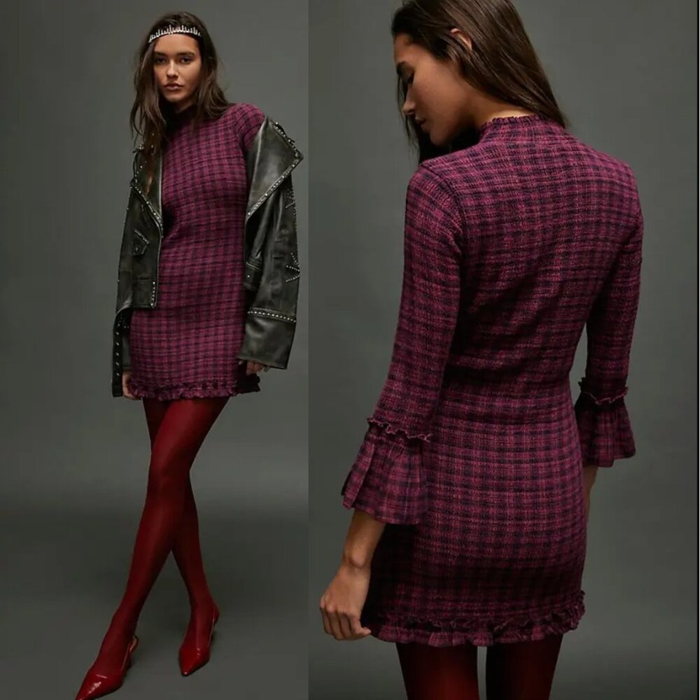NEW Free People Autumn Chill Plaid Mini Dress Pomegranate Overdye Purple Smocked